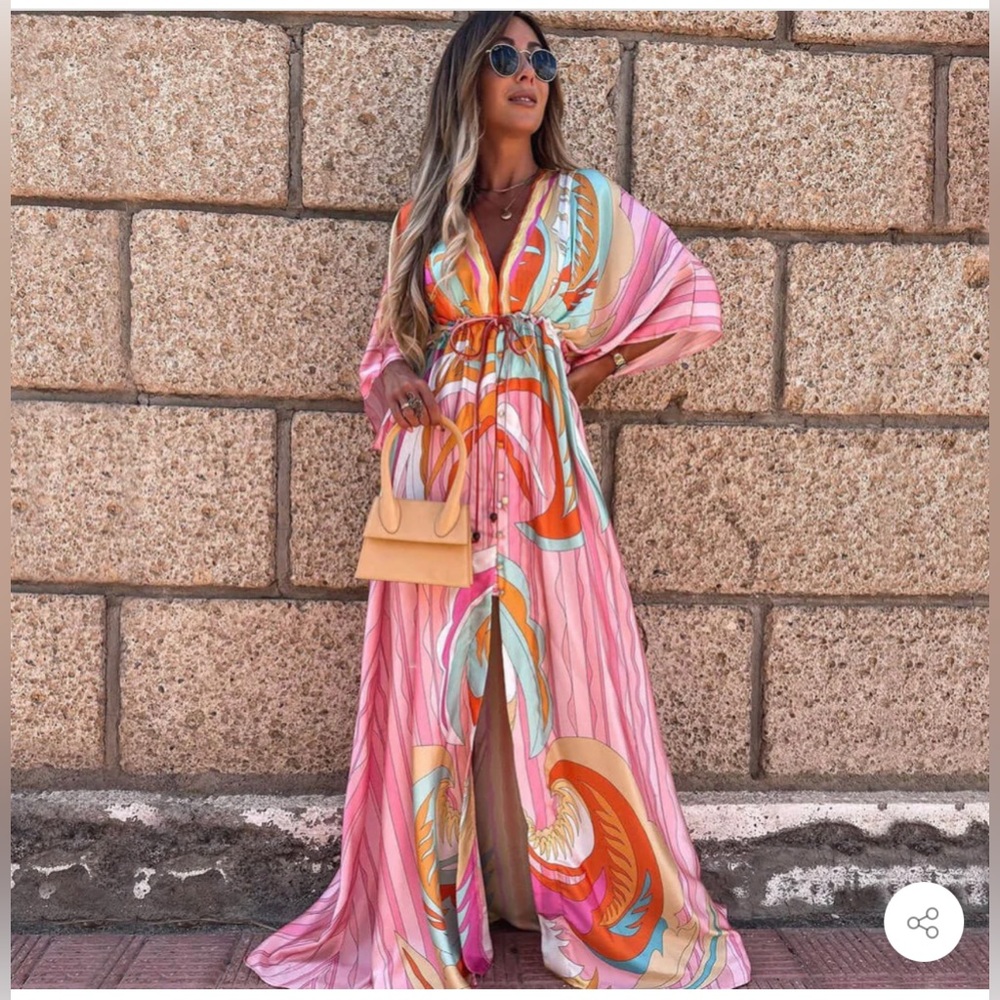 COPY - ABSTRACT PRINT BELTED BUTTON DOWN V NECK MAXI DRESS - PINK